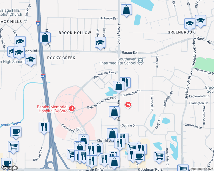 map of restaurants, bars, coffee shops, grocery stores, and more near 101 Veranda Blvd in Southaven