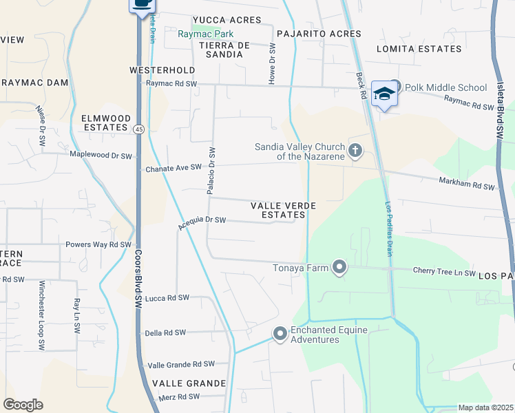 map of restaurants, bars, coffee shops, grocery stores, and more near 2601 Acequia Drive Southwest in Albuquerque