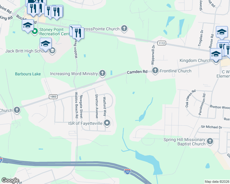 map of restaurants, bars, coffee shops, grocery stores, and more near 2430 Market Hill Drive in Fayetteville