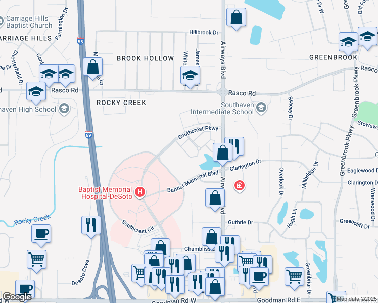 map of restaurants, bars, coffee shops, grocery stores, and more near 101 Veranda Boulevard in Southaven