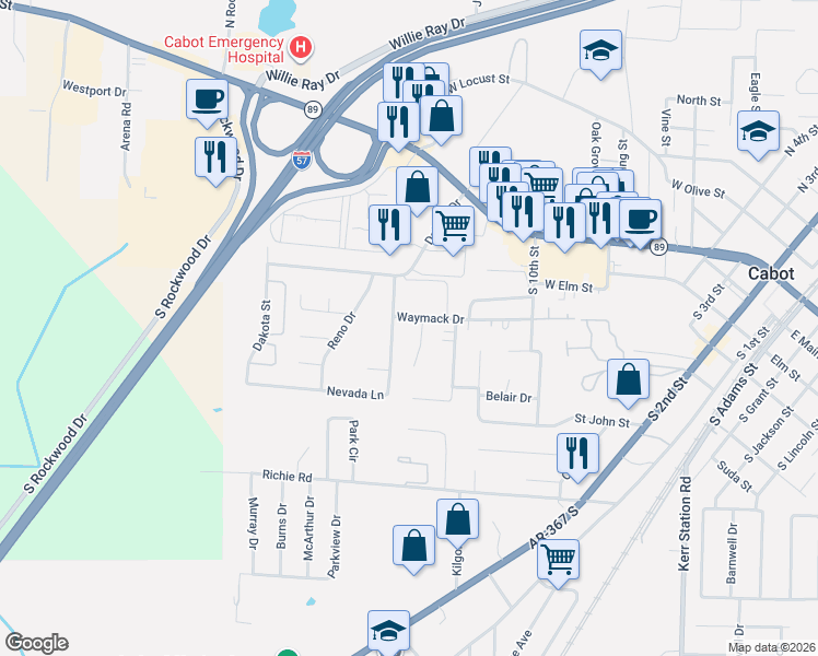 map of restaurants, bars, coffee shops, grocery stores, and more near 65 Nevada Lane in Cabot