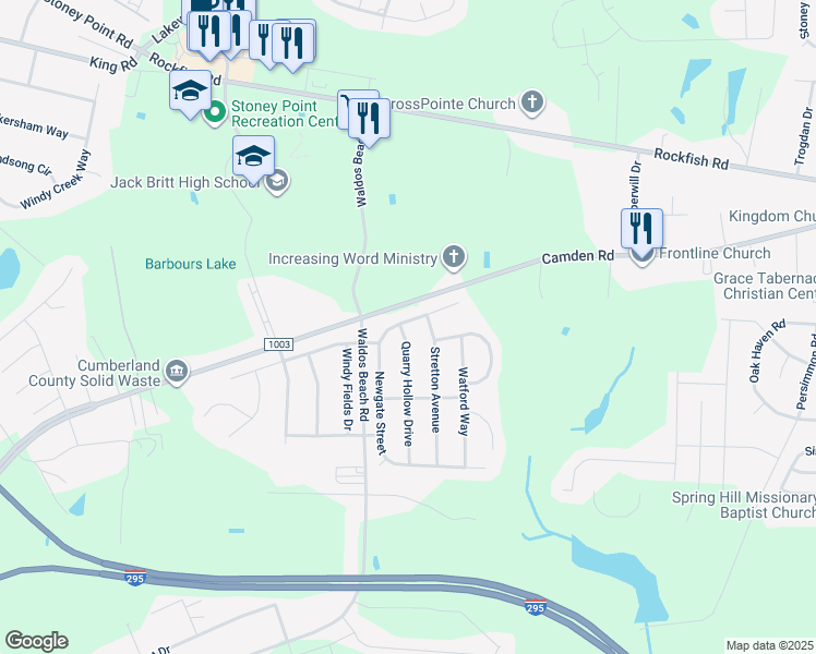 map of restaurants, bars, coffee shops, grocery stores, and more near 3837 Newgate Street in Fayetteville