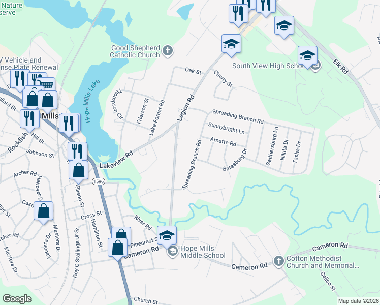 map of restaurants, bars, coffee shops, grocery stores, and more near 5807 Spreading Branch Road in Hope Mills