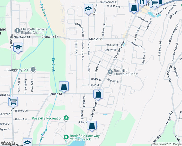 map of restaurants, bars, coffee shops, grocery stores, and more near 1109 Logan Avenue in Rossville