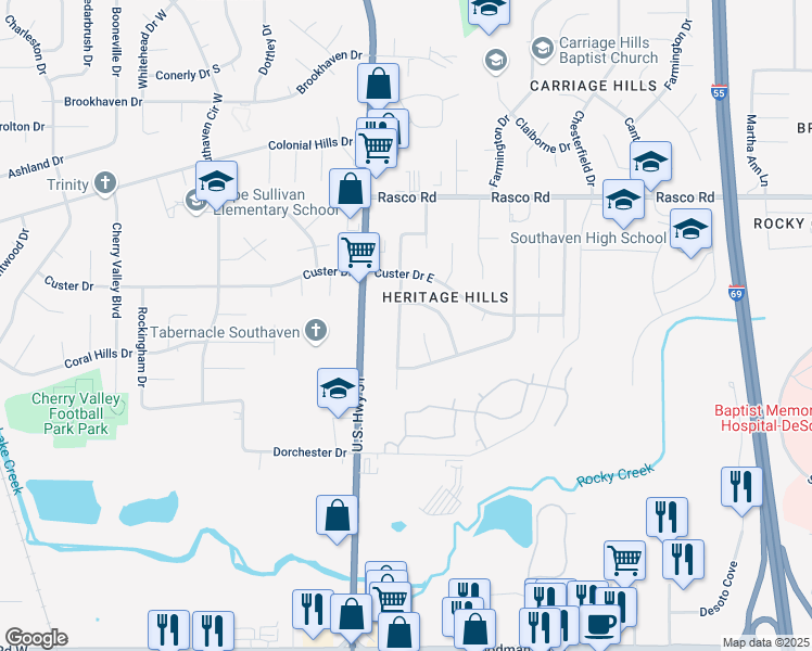 map of restaurants, bars, coffee shops, grocery stores, and more near 7661 Davis Parkway in Southaven