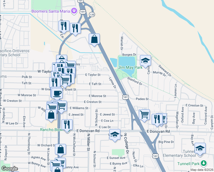 map of restaurants, bars, coffee shops, grocery stores, and more near 510 East Taft Street in Santa Maria