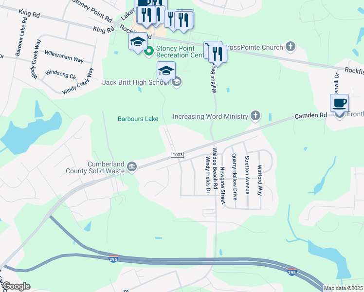 map of restaurants, bars, coffee shops, grocery stores, and more near 7286 State Road 1003 in Fayetteville