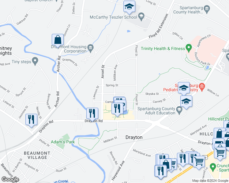 map of restaurants, bars, coffee shops, grocery stores, and more near 142 Skyuka Street in Landrum