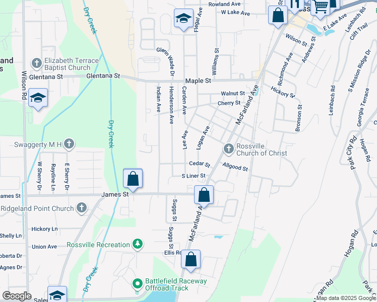 map of restaurants, bars, coffee shops, grocery stores, and more near 1109 Logan Avenue in Rossville