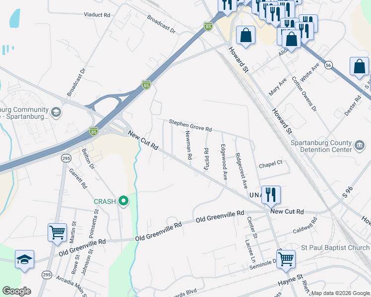 map of restaurants, bars, coffee shops, grocery stores, and more near 750 New Cut Road in Spartanburg