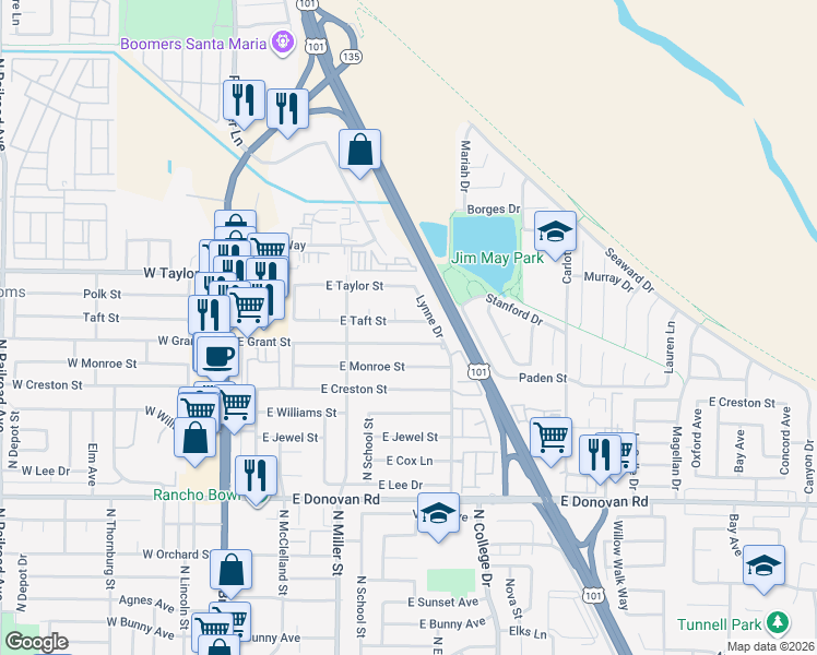 map of restaurants, bars, coffee shops, grocery stores, and more near 510 East Taft Street in Santa Maria