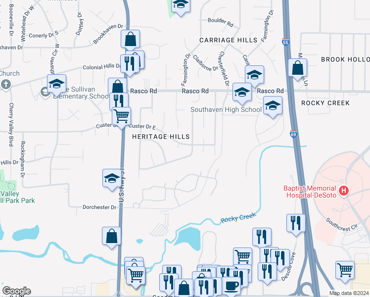 map of restaurants, bars, coffee shops, grocery stores, and more near 1177 Custer Drive East in Southaven