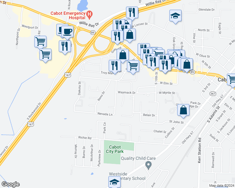map of restaurants, bars, coffee shops, grocery stores, and more near 73 Nevada Lane in Cabot