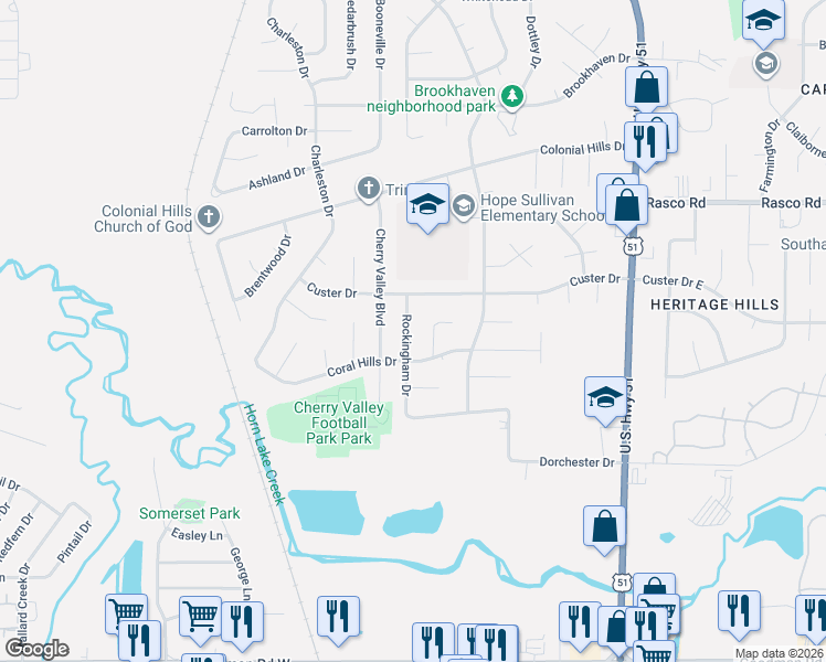 map of restaurants, bars, coffee shops, grocery stores, and more near 1915 Custer Drive in Southaven