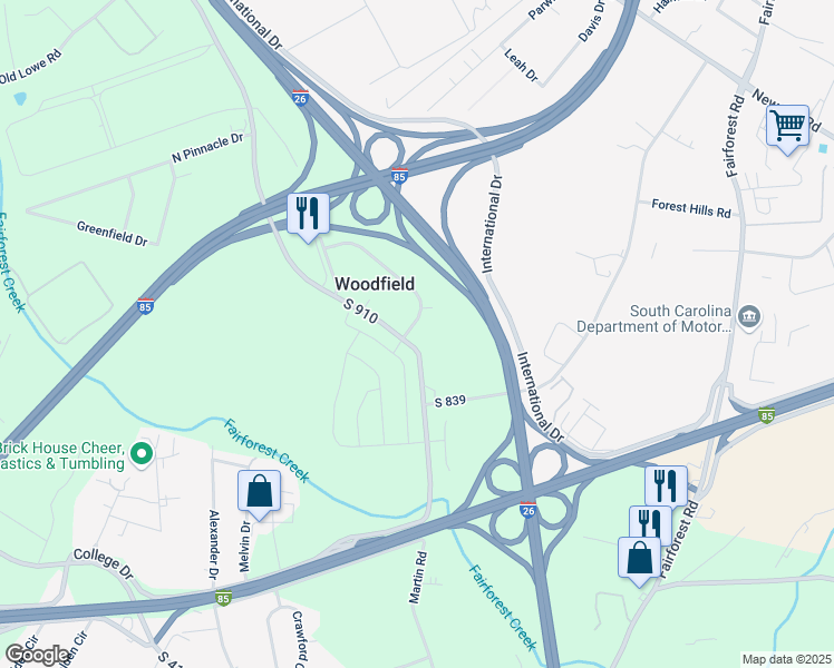 map of restaurants, bars, coffee shops, grocery stores, and more near 6104 Woodfield Circle in Spartanburg