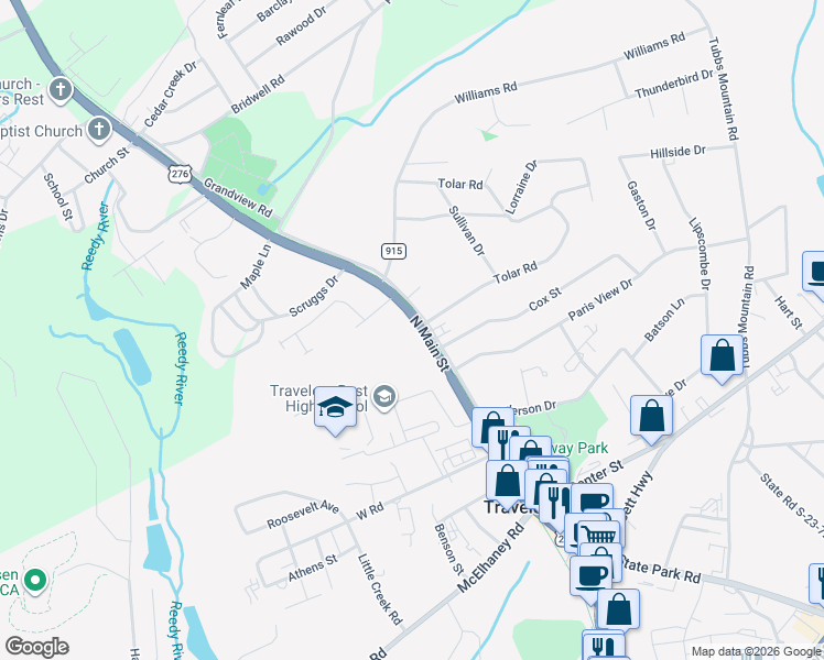 map of restaurants, bars, coffee shops, grocery stores, and more near 503 North Main Street in Travelers Rest