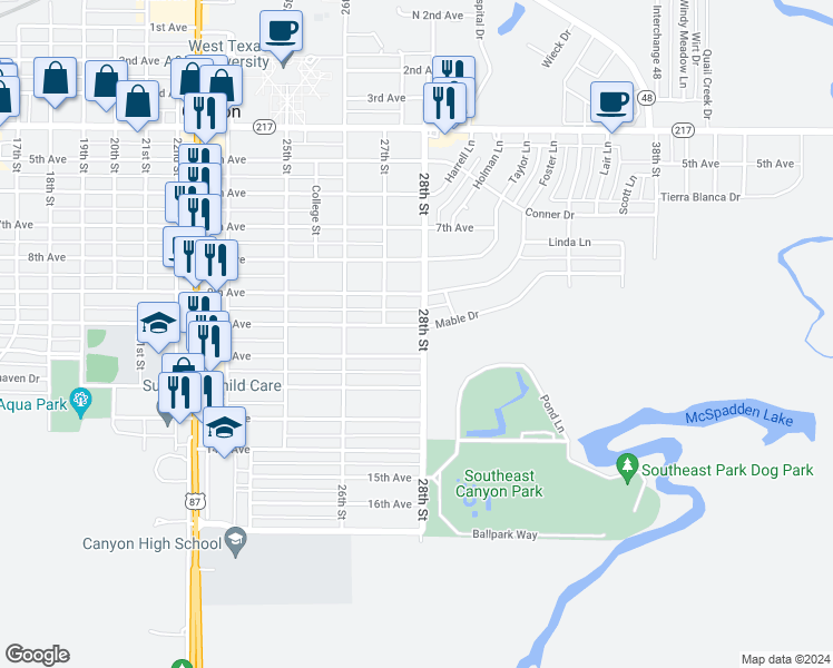 map of restaurants, bars, coffee shops, grocery stores, and more near 2707 10th Avenue in Canyon