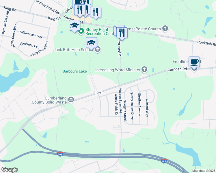 map of restaurants, bars, coffee shops, grocery stores, and more near 3722 Queen Anne Loop in Fayetteville
