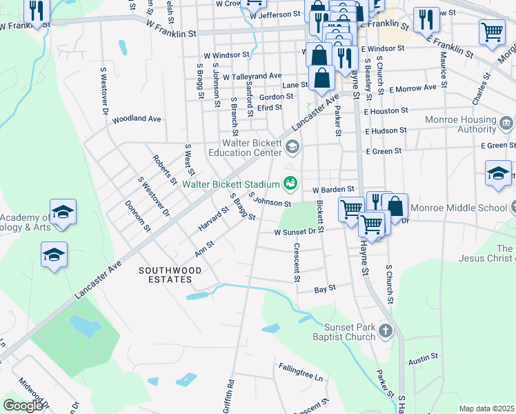 map of restaurants, bars, coffee shops, grocery stores, and more near 404 Griffith Rd in Monroe