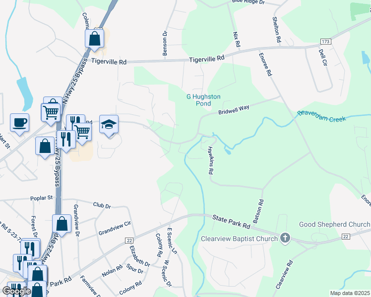 map of restaurants, bars, coffee shops, grocery stores, and more near 491 Hawkins Road in Travelers Rest