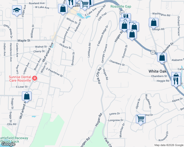 map of restaurants, bars, coffee shops, grocery stores, and more near 191 South Mission Ridge Drive in Rossville