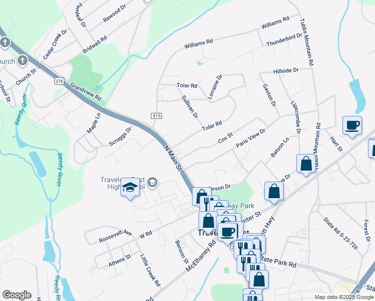 map of restaurants, bars, coffee shops, grocery stores, and more near 20 State Road S-23-933 in Travelers Rest