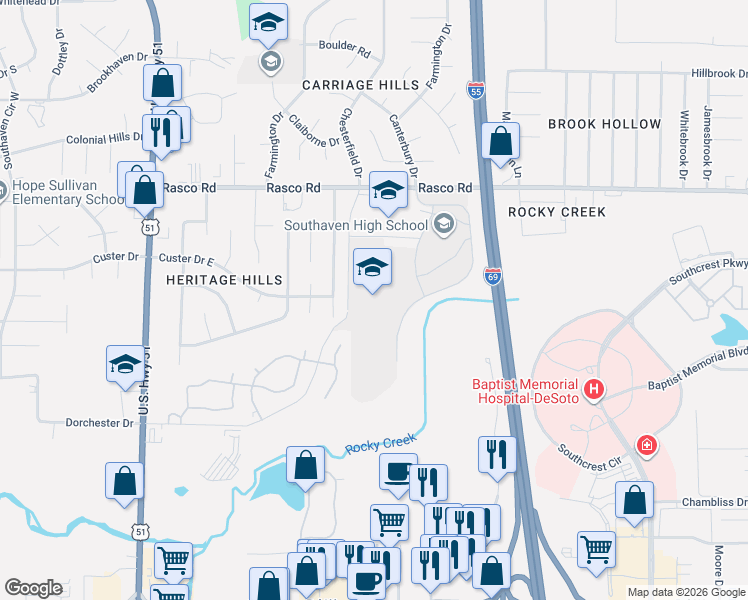 map of restaurants, bars, coffee shops, grocery stores, and more near 735 Rasco Road West in Southaven