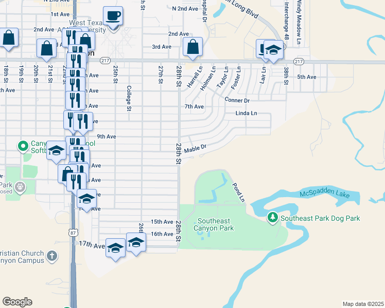 map of restaurants, bars, coffee shops, grocery stores, and more near 2805 Mable Drive in Canyon