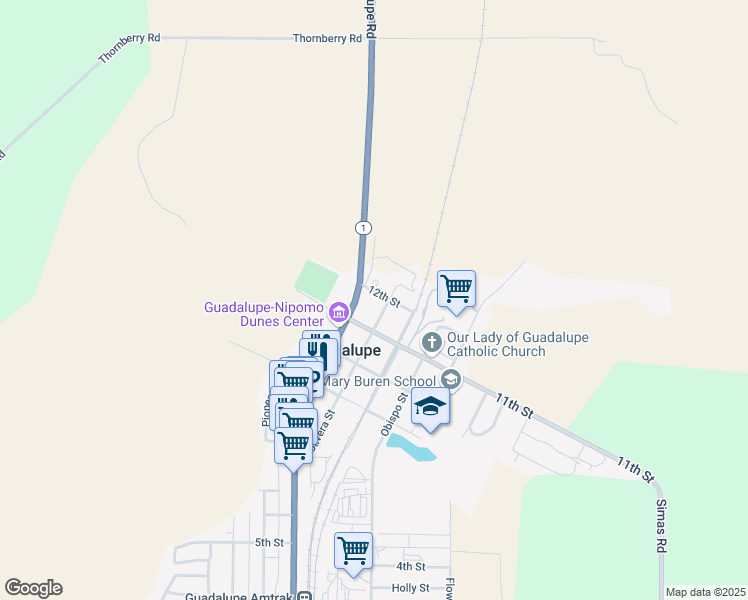 map of restaurants, bars, coffee shops, grocery stores, and more near 4573 12th Street in Guadalupe