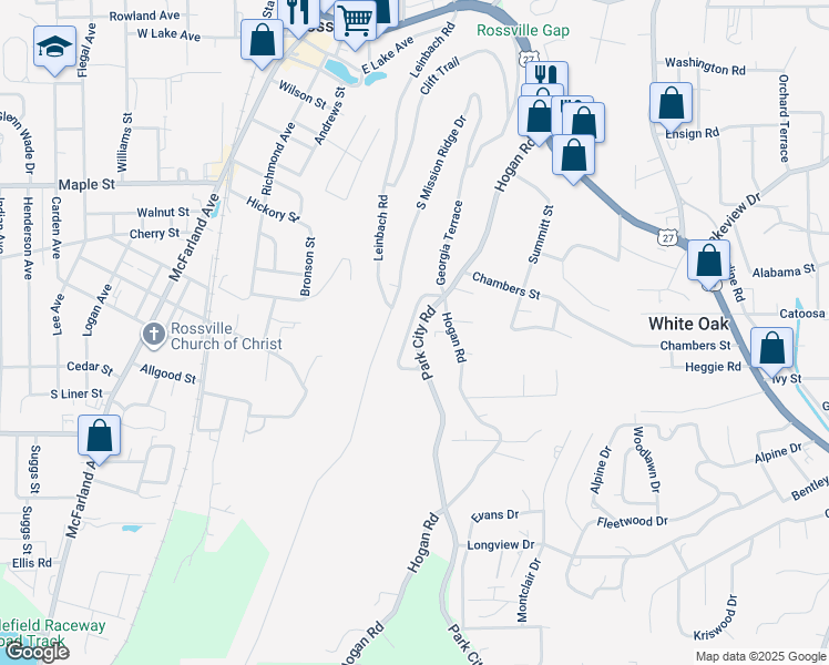 map of restaurants, bars, coffee shops, grocery stores, and more near 1591 Park City Road in Rossville