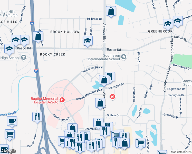 map of restaurants, bars, coffee shops, grocery stores, and more near 7701 Faulkner Lane in Southaven