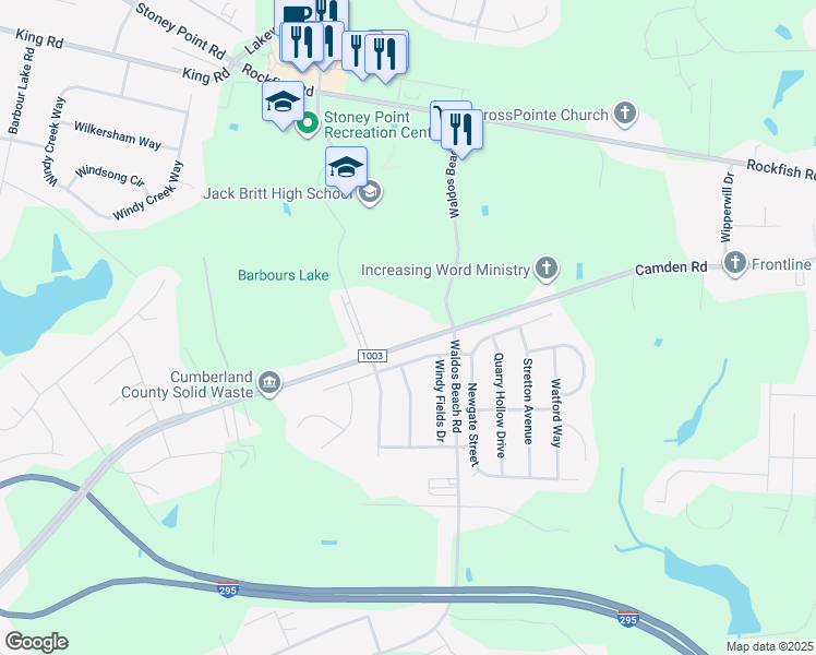 map of restaurants, bars, coffee shops, grocery stores, and more near 3831 Queen Anne Loop in Fayetteville