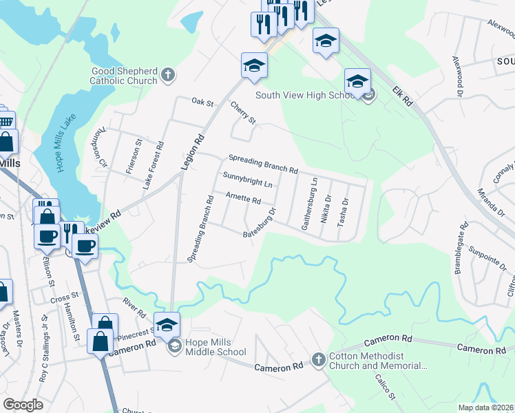 map of restaurants, bars, coffee shops, grocery stores, and more near 5411 Arnette Road in Hope Mills