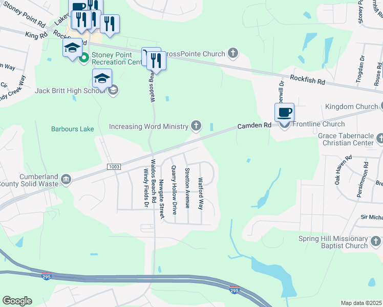map of restaurants, bars, coffee shops, grocery stores, and more near 3817 Newgate Street in Fayetteville