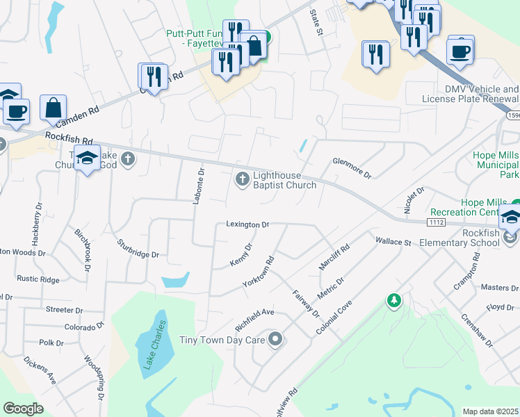 map of restaurants, bars, coffee shops, grocery stores, and more near 3540 Chaucer Drive in Hope Mills