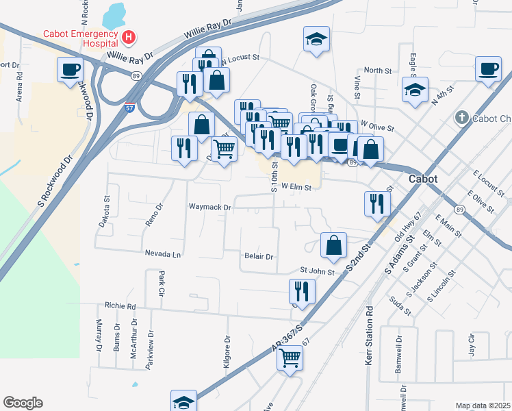 map of restaurants, bars, coffee shops, grocery stores, and more near 1099 West Elm Street in Cabot