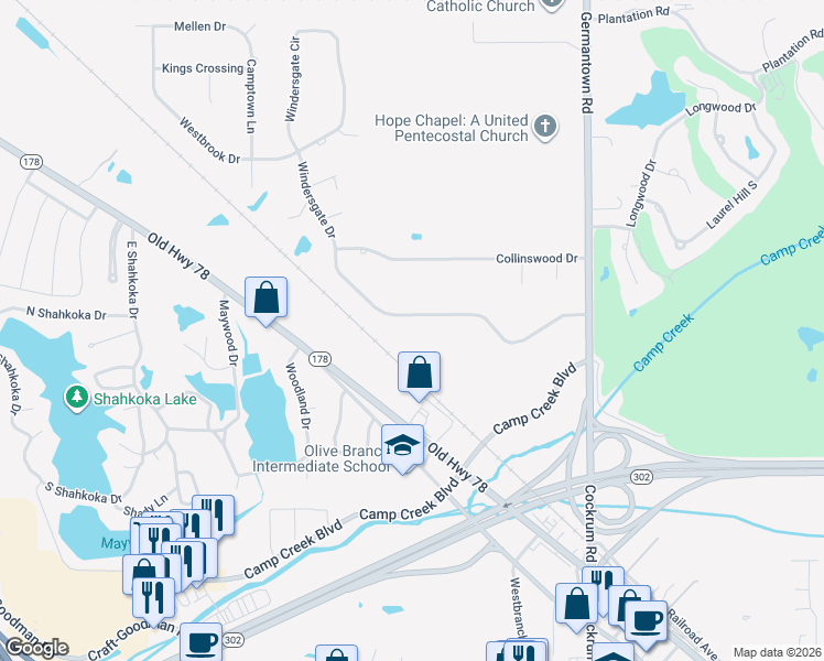 map of restaurants, bars, coffee shops, grocery stores, and more near 8583 Windersgate Drive in Olive Branch
