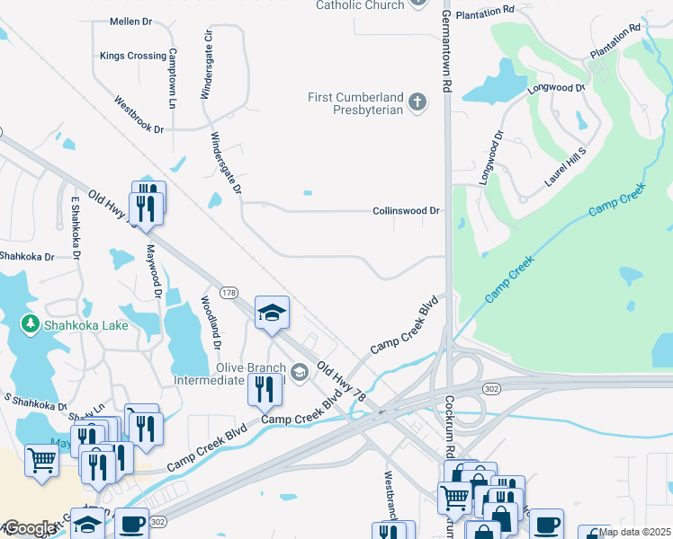 map of restaurants, bars, coffee shops, grocery stores, and more near 8660 Windersgate Drive in Olive Branch