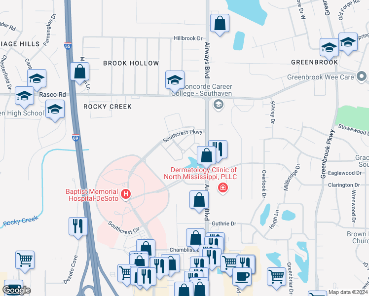 map of restaurants, bars, coffee shops, grocery stores, and more near 7690 Faulkner Lane in Southaven