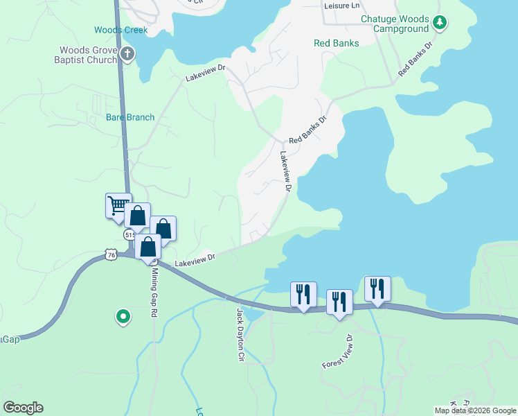 map of restaurants, bars, coffee shops, grocery stores, and more near 1865 Chatuge Lane in Young Harris