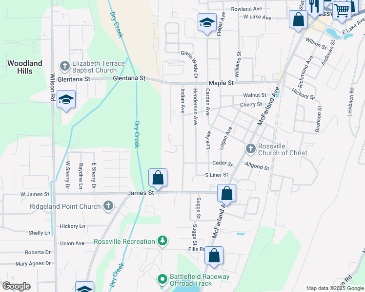 map of restaurants, bars, coffee shops, grocery stores, and more near 612 Washington Street in Rossville