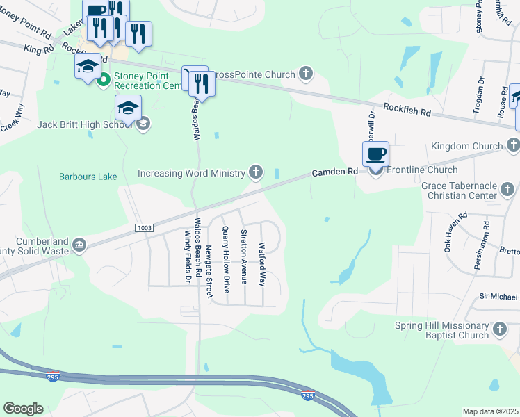 map of restaurants, bars, coffee shops, grocery stores, and more near 7008 Camden Road in Fayetteville