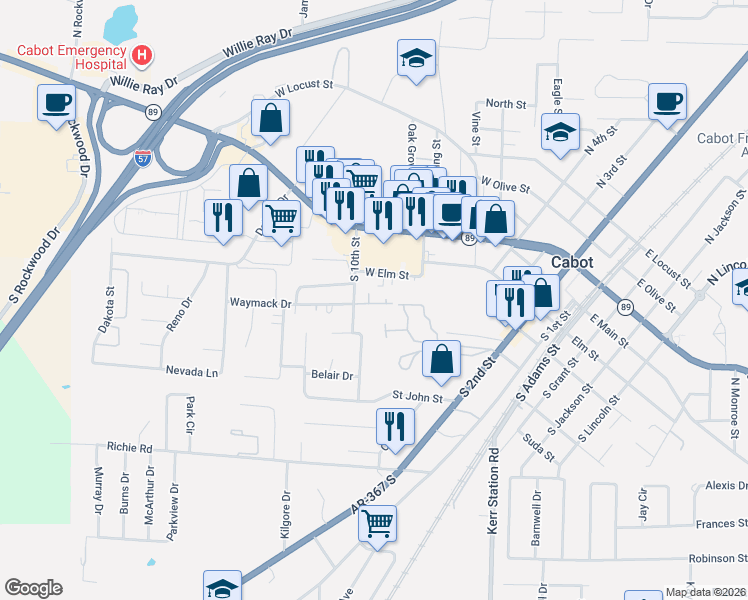 map of restaurants, bars, coffee shops, grocery stores, and more near 203 South 10th Street in Cabot