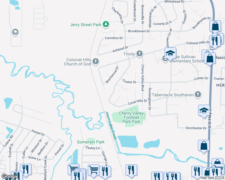 map of restaurants, bars, coffee shops, grocery stores, and more near 7783 Charleston Drive in Southaven