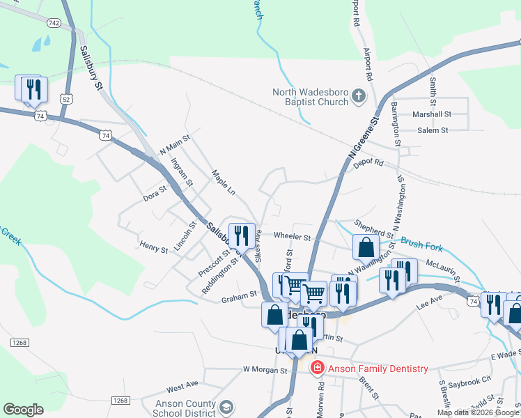 map of restaurants, bars, coffee shops, grocery stores, and more near 717 Sikes Avenue in Wadesboro