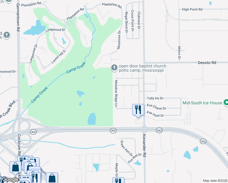 map of restaurants, bars, coffee shops, grocery stores, and more near 7777 Meadow Ridge Lane in Olive Branch