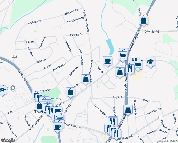 map of restaurants, bars, coffee shops, grocery stores, and more near 113 Tubbs Mountain Road in Travelers Rest