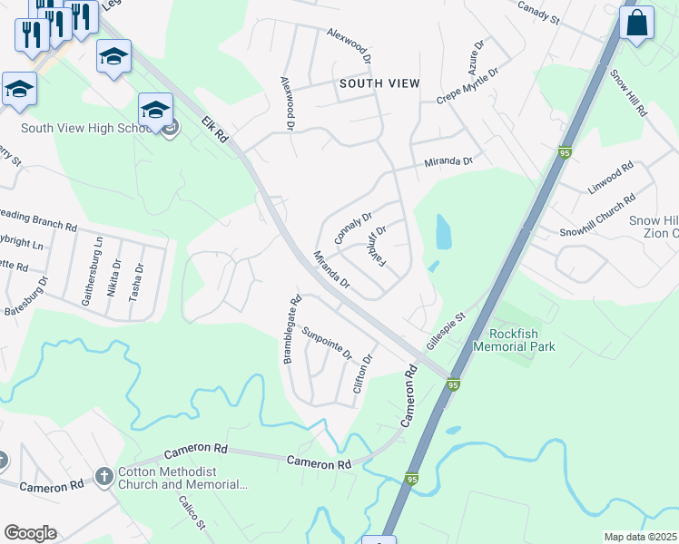 map of restaurants, bars, coffee shops, grocery stores, and more near 806 Connaly Drive in Hope Mills