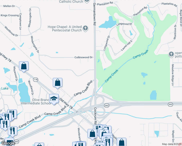 map of restaurants, bars, coffee shops, grocery stores, and more near 8032 Germantown Road in Olive Branch