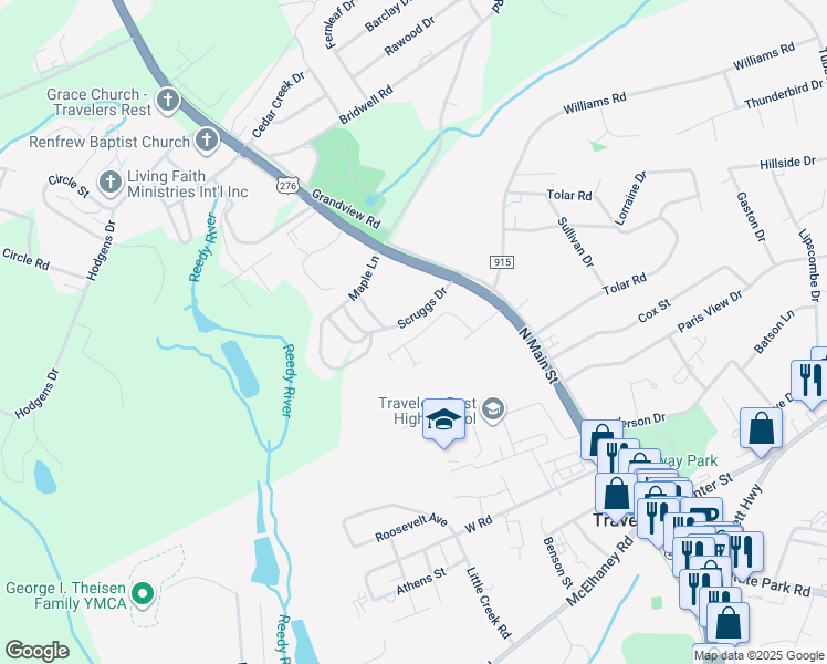 map of restaurants, bars, coffee shops, grocery stores, and more near 4 Glenview Park Place in Travelers Rest
